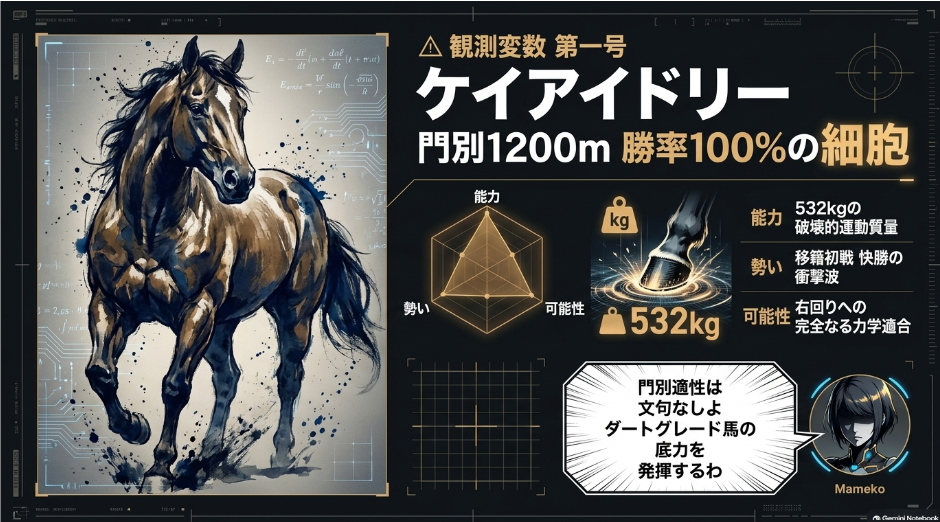 △ ケイアイドリー : 門別1200m2戦2勝の適性100%馬
2023年JpnIII勝ち馬 移籍初戦のA1特別を532kgの雄大馬体で快勝
右回りワンターンでの圧倒的スピード持続力性能