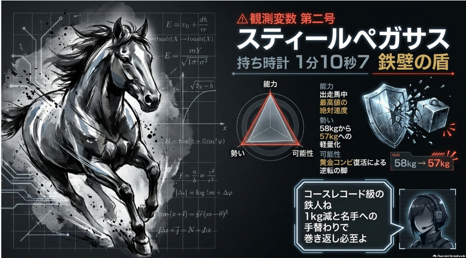 △ スティールペガサス : コース最高タイム1:10.7保持の鉄人
今期門別で全戦3着以内をキープする抜群の安定感
前走58kgから今回57kgへ1kg軽量化で逆転の運動方程式成立