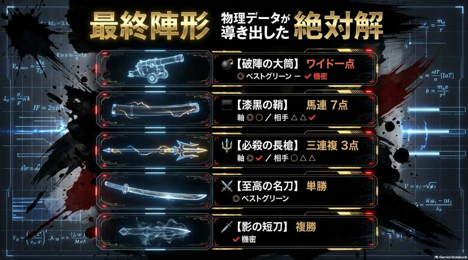 💣【破陣の大筒】ワイド一点 : ◎ ベストグリーン - ✔︎ ラッキーホープ
⬛【漆黒の鞘】馬連(7点) 軸:◎ ◯ / 相手:△ △ ✔︎
🔱【必殺の長槍】三連複(3点) 軸:◎ ✔︎ / 相手:◯ △ △
⚔️【至高の名刀】単勝 : ◎ ベストグリーン
🗡️【影の短刀】複勝 : ✔︎ ラッキーホープ