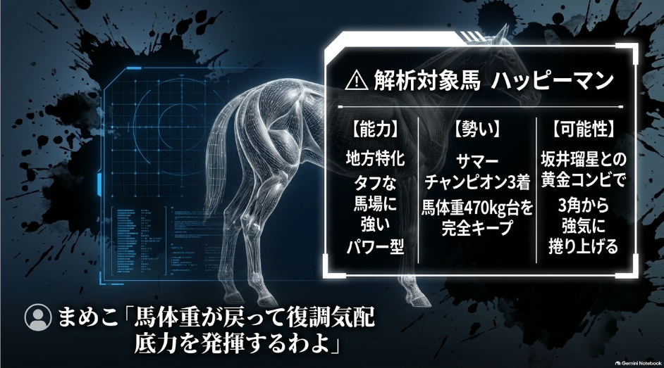 △ ハッピーマン タフ馬場の地方1400mスプリンター 馬体重470kg台復調 兵庫ジュニアGP1着 坂井瑠星騎手