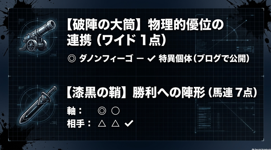 【破陣の大筒】ワイド一点◎ダノンフィーゴ-✔︎イグザルト 【漆黒の鞘】馬連7点軸◎◯相手△△✔︎ 
