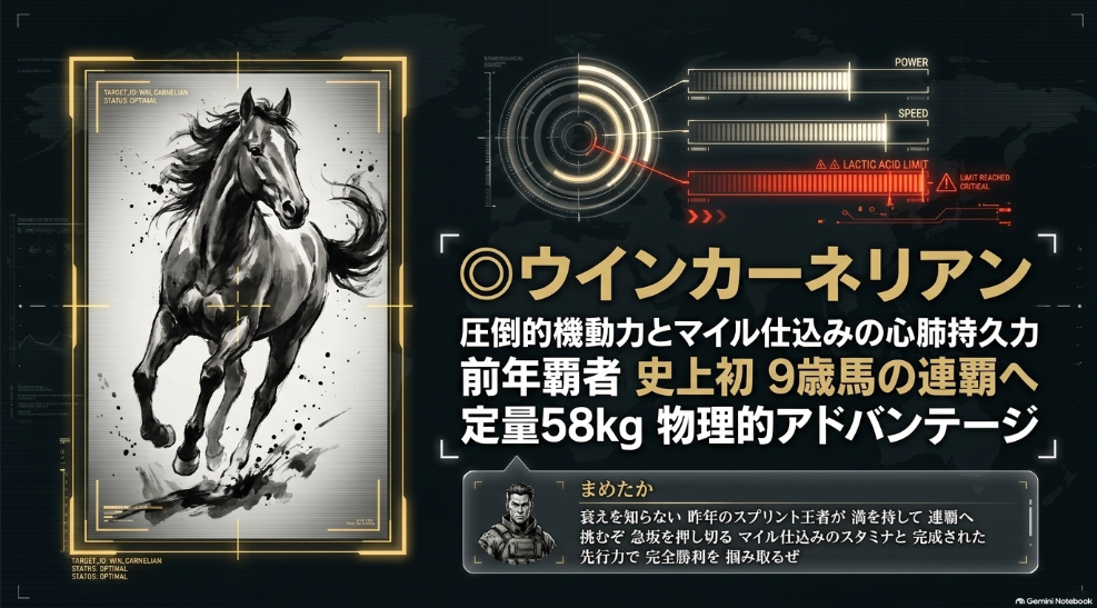 本命ウインカーネリアン(牡9・58kg)分析スライド:昨年の覇者。マイル仕込みのスタミナと機動力で急坂を押し切る史上初9歳G1連覇へ挑む物理データ(プレレーティング113S)