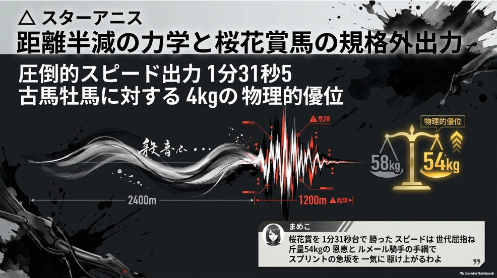 連下スターアニス(牝3・54kg)分析スライド:2026年桜花賞馬。オークス2400mから距離を一気に半減する電撃参戦、斤量54kg(古馬比4kg減)の物理的アドバンテージとルメール騎手(プレレーティング116M)
