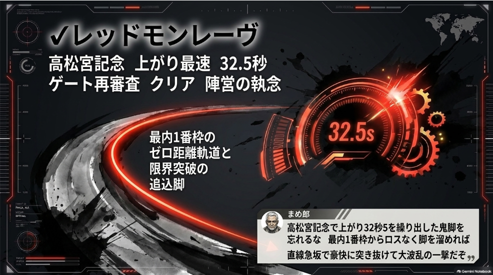 穴馬レッドモンレーヴ(牡7・58kg)分析スライド:高松宮記念2着(上がり最速32.5秒)。最内1枠1番の距離ロスゼロ走行とゲート個別指導による巻き返しの一撃(プレレーティング114S)
