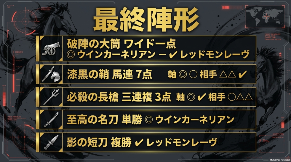 第60回スプリンターズS最終買い目スライド:破陣の大筒(ワイド一点◎-✔︎)、漆黒の鞘(馬連2頭軸流し◎◯-△△✔︎計7点)、必殺の長槍(三連複2頭軸流し◎✔︎-◯△△計3点)、至高の名刀(単勝◎)、影の短刀(複勝✔︎)