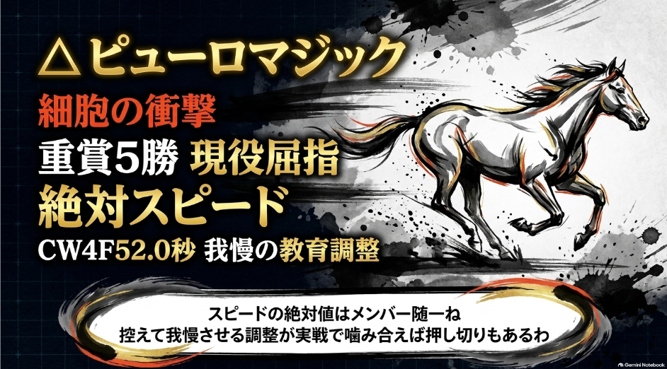 快速女王ピューロマジックの分析スライド。重賞5勝を誇るスピードの絶対値。新コンビ岩田望来騎手と 折り合い我慢の教育調教による精神的成熟を解説。まめこの星4評価コメント付き