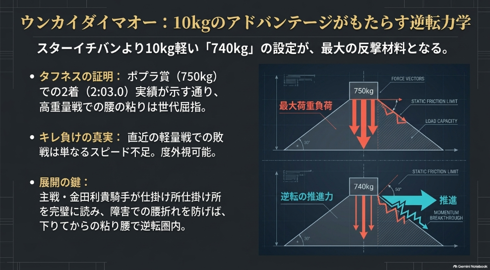 【スライド7】注目馬② ウンカイダイマオー(740kg)
基本情報:◯ ウンカイダイマオー(牡4・松田道明厩舎)
説明:驚異の障害腰と安定感を誇る刺客。ポプラ賞2着(750kg)、極東警備保障杯1着(740kg)の実績。王者スターイチバンより10kg軽い740kgの設定で重賞初制覇を狙う