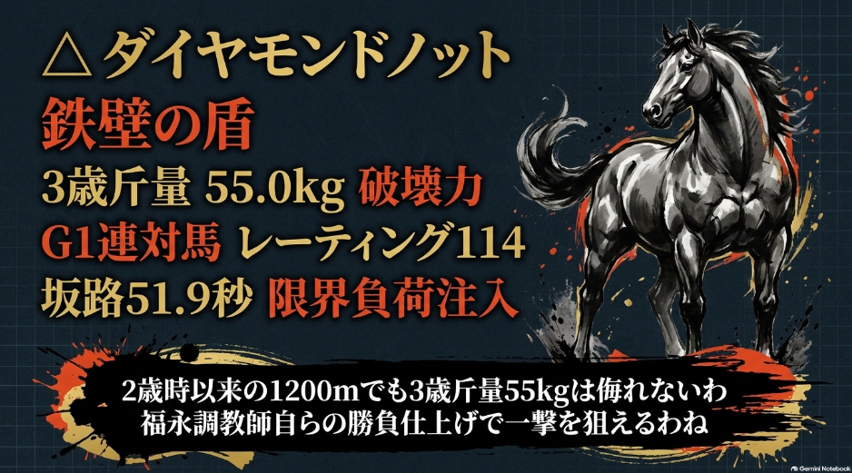 3歳世代のエリートダイヤモンドノットの分析スライド。1400m重賞2勝とマイルGⅠ実績。川田将雅騎手とのコンビで挑む 福永祐一調教師自らの勝負仕上げを解説。まめこの星4評価コメント付き
