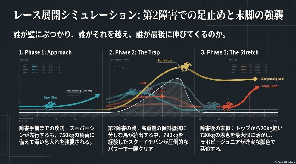 【スライド11】世代主要レース対戦マトリクス
見出し:主要馬直接対決の着順と斤量推移
本文・説明:柏林賞(スターイチバン1着/720kg)、はまなす賞(スーパーシン1着/710kg)、ポプラ賞(スターイチバン1着/760kg, ウンカイ2着/750kg)、ばんえいダービー(キョウエイエース1着/730kg)の対戦データを比較