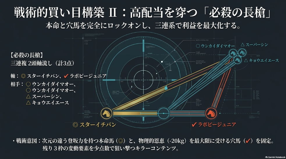 【スライド13】戦術別 推奨買い目
見出し:破陣の大筒・漆黒の鞘・必殺の長槍
本文・説明:
ワイド1点:◎ - ✔︎
馬連7点(2頭軸流し):◎, ◯ - △, △, ✔︎(軸同士含む)
三連複3点(2頭軸流し):◎, ✔︎ - ◯, △, △