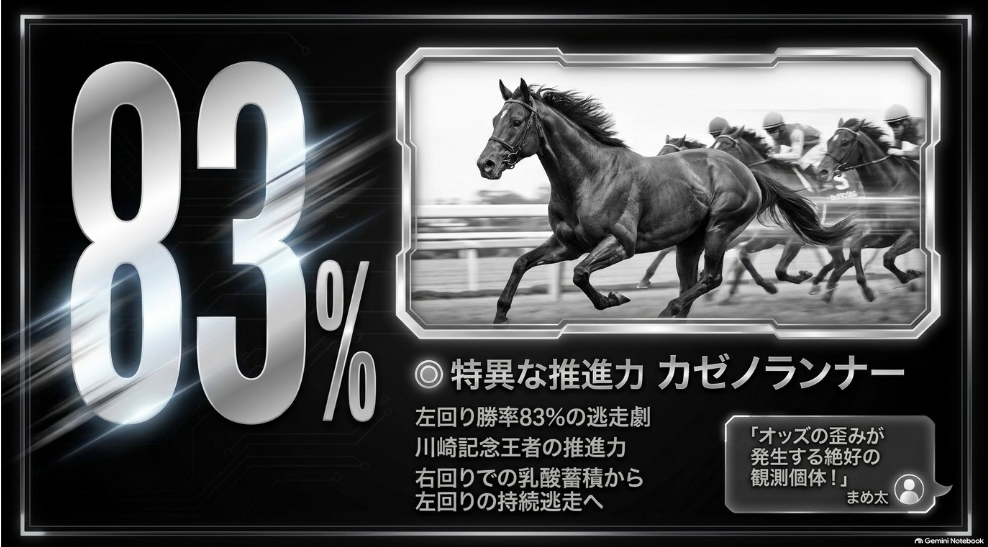 対抗◯カゼノランナー（左回り勝率83.3%の川崎記念王者）