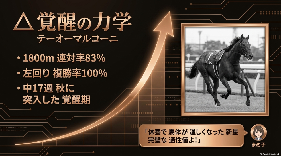 △テーオーマルコーニ（左回り複勝率100%の上り馬）