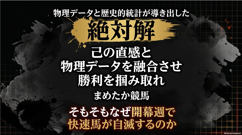 物理データと歴史的統計が導き出した絶対解。己の直感と物理データを融合させ勝利を掴み取れ まめたか競馬」と記された 読者の背中を強く押すエンディングスライド
