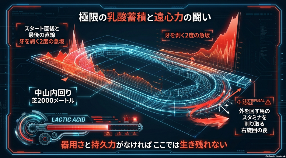 【大見出し】 戦場の罠 中山芝2000mが強いる過酷な物理力学
【メインテキスト】
急坂2回の 試練 ─ スタート直後と ゴール前で 競走馬の 心肺機能と 運動エネルギーを 極限まで 削り取る
小回りの 遠心力 ─ 内回り3コーナーから 外を 回ると 莫大な 距離ロスが 発生し 自滅する
戦場の 鉄則 ─ 開幕週の 馬場を 味方にし インを ロスなく 立ち回れる 器用さこそが 勝利の 絶対条件
【軍団の一言】 🗣️ まめこ (評価: ★★★★☆) 「小回りで 立ち回る 器用さが すべてよ 外を 回される 人気馬は 遠心力で 撃沈するわ」