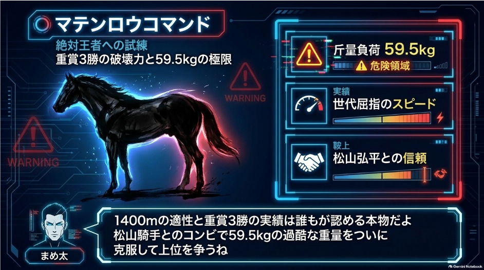 59.5kgの トップハンデを 背負う マテンロウコマンドの 物理的死角と 走行エネルギーの 限界を 提示