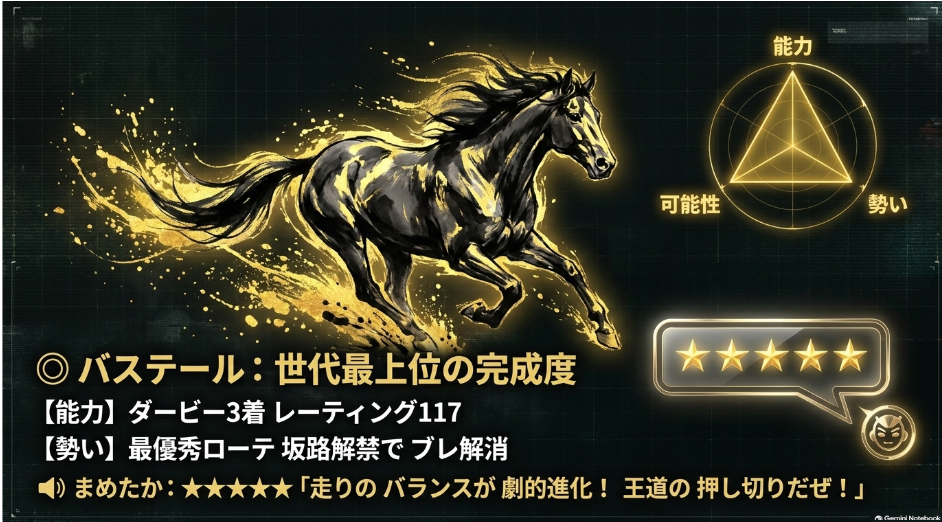 ◎ バステール。日本ダービー3着（Rt 117）
、弥生賞覇者
、坂路調教解禁による体幹バランスの進化