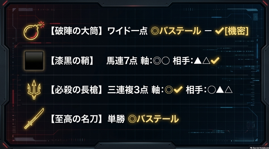 【破陣の大筒】ワイド1点（◎-✔︎）
、【漆黒の鞘】馬連2頭軸7点
、【必殺の長槍】三連複2頭軸3点
、【至高の名刀】単勝（◎）
、【影の短刀】複勝（✔︎）