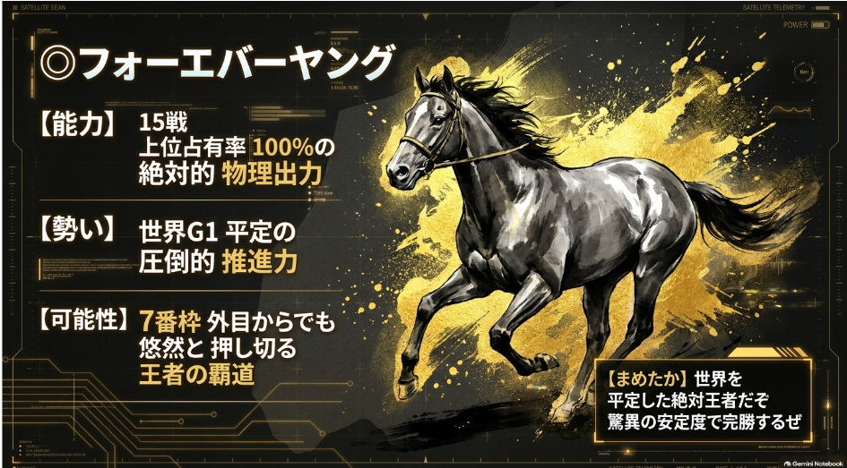 「◎ フォーエバーヤング（7番枠）：15戦全走3着内・世界を平定した絶対王者」