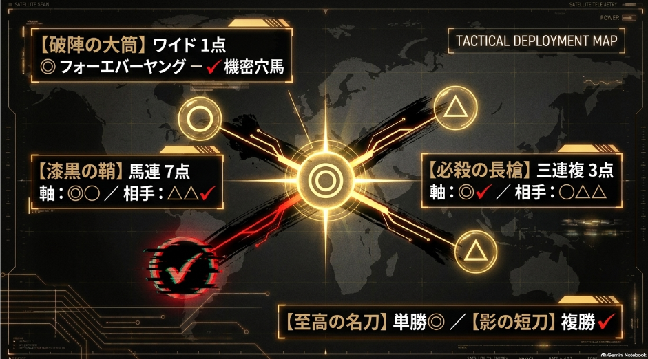 「破陣の大筒（ワイド一点：◎-✔︎）、漆黒の鞘（馬連7点）、必殺の長槍（三連複3点）、至高の名刀（単勝：◎）、影の短刀（複勝：✔︎）」