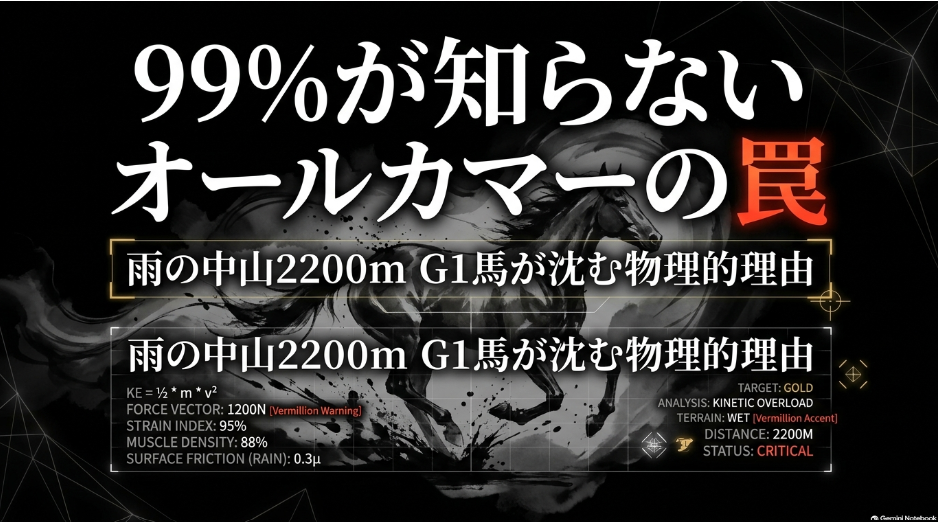 表紙 タイトル「オールカマー2026予想｜雨の中山2200mと二度の急坂が招く物理的失速」
 99%が知らない絶望データとコースの罠を提示するネガティブフック表紙