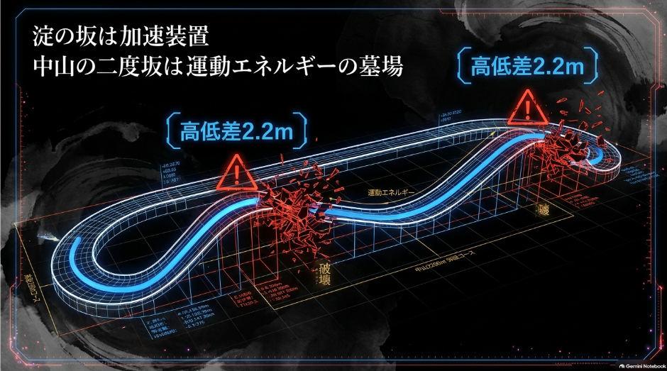 コース力学（二度の急坂） 中山芝2200m外回りコースの物理的特徴
 スタート直後とゴール前に立ちはだかる高低差2.2mの急坂を図解