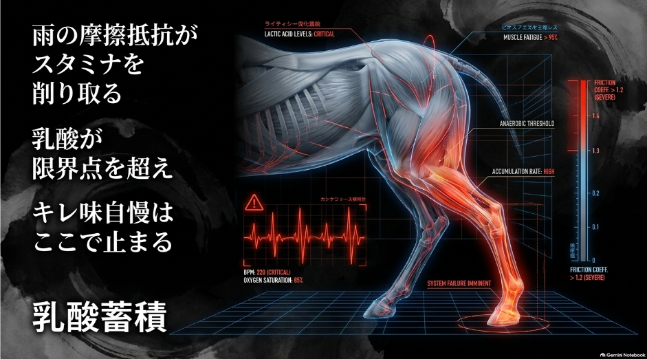 馬場抵抗と物理的失速 週末の雨による馬場摩擦抵抗の増大と向正面からのロングスパート
 キレ味勝負の馬が直面する乳酸蓄積とギアチェンジ不能のメカニズム
