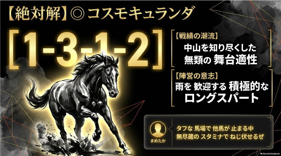 ◎ 最重要観測個体（コスモキュランダ） コスモキュランダの分析（中山重賞7戦の相性と宝塚記念4着のスタミナ性能）
 加藤士調教師と横山武史騎手の雨歓迎コメントを掲載
