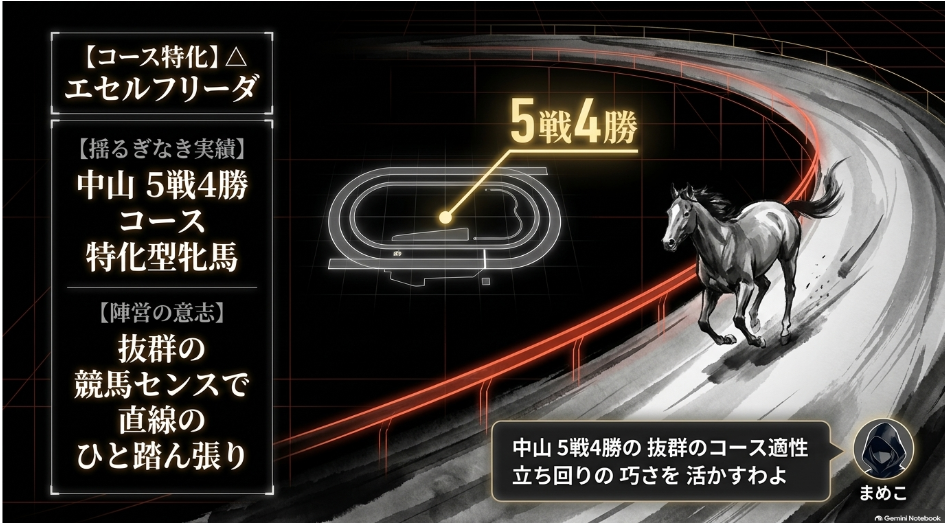 △ 連下データ（エセルフリーダ） エセルフリーダの分析（中山コース通算5戦4勝のコース特化型牝馬）
 武藤雅騎手の継続騎乗と強靭な心肺機能による好位粘り込み
