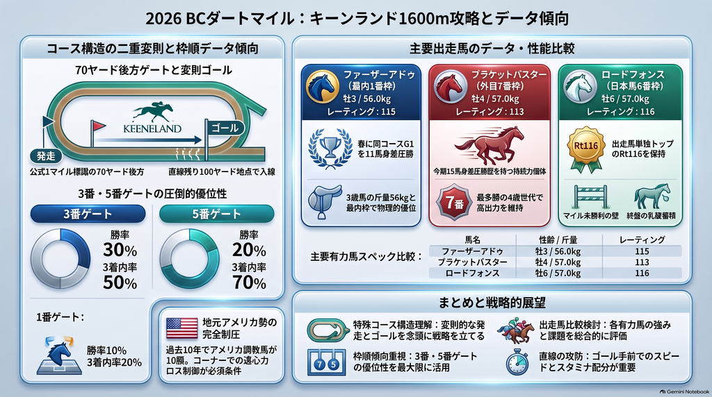 "2026年ブリーダーズカップダートマイル レース展望図解インフォグラフィック キーンランド競馬場ダート1マイルの二重変則構造(70ヤード後方ゲート・残り100ヤードゴール)と過去10年の枠順・年齢別データ分析