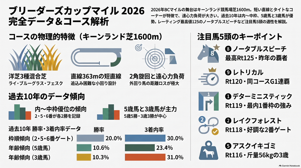 2026年ブリーダーズカップマイル（G1）完全データ分析インフォグラフィック。上部にはキーンランド競馬場ハギンコース（芝1600m、直線363m）の遠心力と乳酸蓄積を示すコース力学図。中央部には過去10年の枠順別勝率（2・5・6番枠が勝率20%）および年齢別データ（5歳馬5勝、3歳馬3着内率31%、6歳馬3着内率0%）の要約。下部には注目馬5頭（◎ノータブルスピーチ、◯レトリカル、△デターミニスティック、△レイクフォレスト、✔︎アスクイキゴミ）のレーティング・ゲート番・評価ポイントを一覧化した各種データを集約。