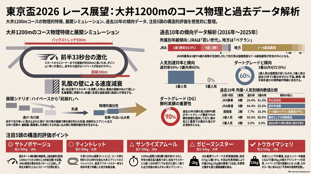 東京盃2026レース展望インフォグラフィック。大井1200mのコース特徴(テン500mと直線386mの遠心力・乳酸蓄積)、過去10年データ(JRA3〜4歳優勢と地方ベテランの法則)、展開シミュレーション(ハイペース前崩れ)、注目馬5頭(本命サトノボヤージュ・対抗ティントレット・穴トウカイマシェリ等)の能力構成図。
