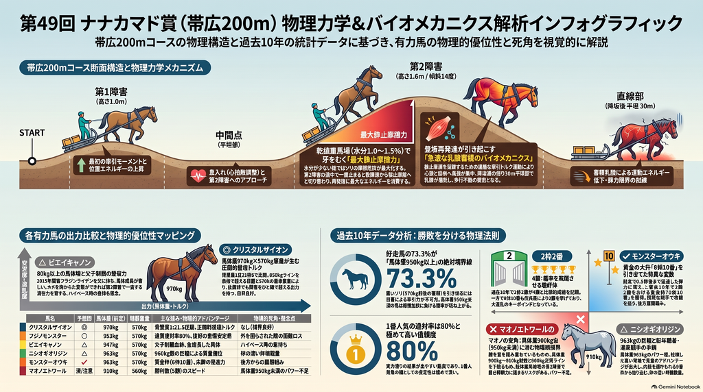 2026年第49回ナナカマド賞レース展望インフォグラフィック 帯広ダート直線200mコース断面図 第1障害1.0mと第2障害1.6m傾斜14度の最大静止摩擦力および乳酸蓄積バイオメカニクス 過去10年データ馬体重950kg生死ラインと乾燥重馬場における有力馬の物理的出力比較