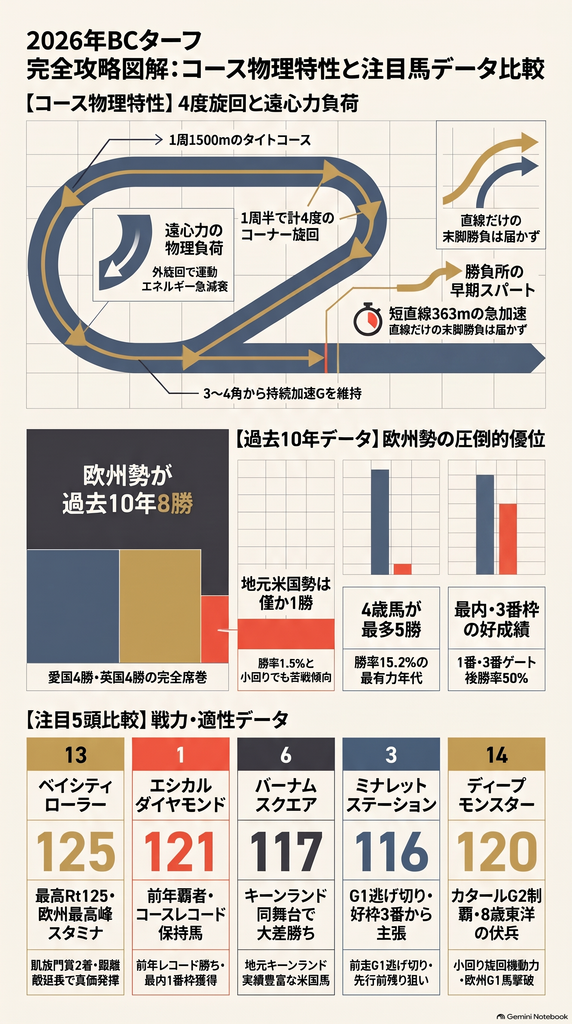 BCターフ2026レース展望インフォグラフィック キーンランド芝2400mの4度旋回コース特性と遠心力データ 過去10年の欧州勢優位統計 注目馬5頭(ベイシティローラー エシカルダイヤモンド バーナムスクエア ミナレットステーション ディープモンスター)の能力比較と買い目構成図