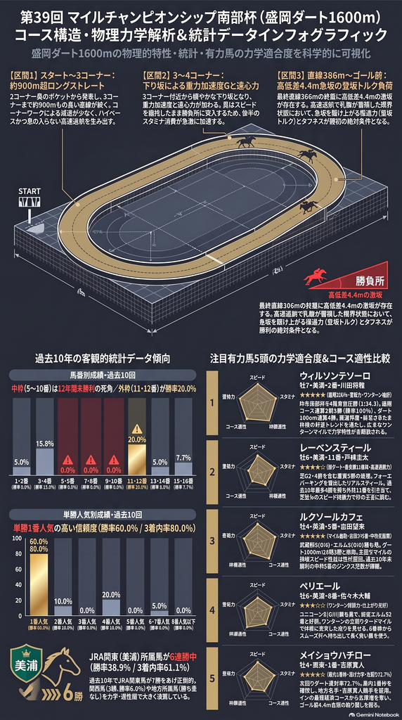 第39回マイルチャンピオンシップ南部杯(盛岡ダート1600m)レース展望・コース構造・統計データ解析インフォグラフィック スタート後約900m直線と3コーナー下り坂重力加速度 直線386mおよびゴール直前4.4m急坂の登坂負荷と乳酸蓄積 美浦所属馬6連勝 中枠5〜10番枠12年間未勝利 外枠11・12番枠4勝 1番人気勝率60%・3着内率80% 有力馬5頭の力学適合度比較図解