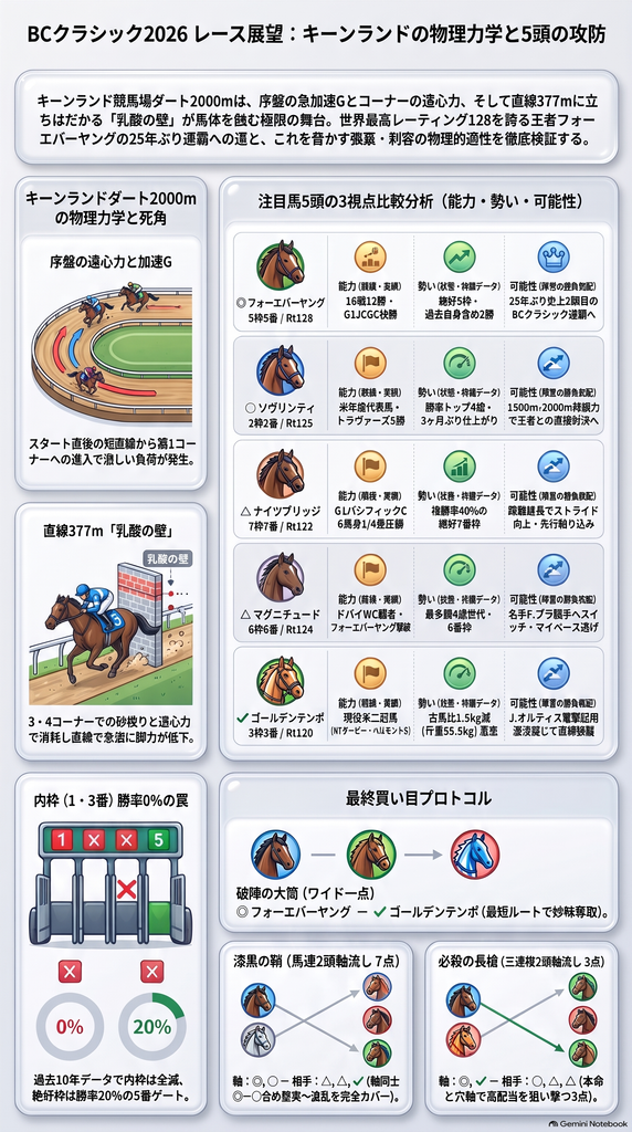 BCクラシック2026レース展望インフォグラフィック キーンランドダート2000mの物理力学(序盤の遠心力Gと直線377mの乳酸の壁) 出走馬レーティングと枠順データ 注目馬5頭(フォーエバーヤング・ソヴリンティ・ナイツブリッジ・マグニチュード・ゴールデンテンポ)の3つの視点分析(能力・勢い・可能性) および最終陣形買い目プロトコル(破陣の大筒・漆黒の鞘・必殺の長槍等)の完全集約図解
