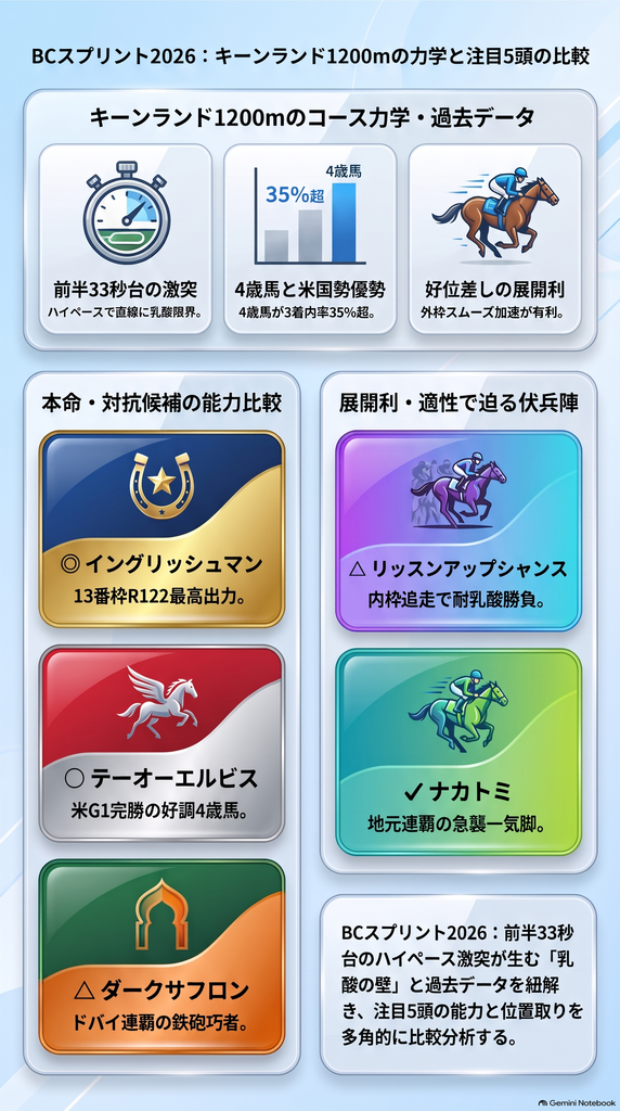 2026ブリーダーズカップスプリント（G1・キーンランドダート1200m）レース展望総合インフォグラフィック。
コース構造と物理的挙動: スタート直後の猛烈なポジション争い（前半33秒台）、小回りコーナーによる強力な遠心力負荷、直線377mでの「乳酸の壁」による差し・好位差し優位の展開メカニズムを図解。
展開・位置取り予想マップ: 逃げ・先行集団（2ダークサフロン、3リアムスミス、4ヒム等）の競り合いと、好位追走グループ（11テーオーエルビス、13イングリッシュマン）、後方待機組（9ナカトミ）の追走ラインを視覚化。
注目5頭の能力・適性比較マトリクス:
◎ 13 イングリッシュマン（Rt122 / 絶頂期の絶対出力・好位自在）
◯ 11 テーオーエルビス（Rt120 / 米G1圧勝の実績・4歳トレンド）
△ 2 ダークサフロン（Rt117 / ドバイG1連覇・スピード逃げ粘り）
△ 5 リッスンアップシャンス（Rt113 / 西海岸王者・競り合い勝負根性）
✔︎ 9 ナカトミ（Rt108 / キーンランド重賞連覇・展開特化のコースマスター）