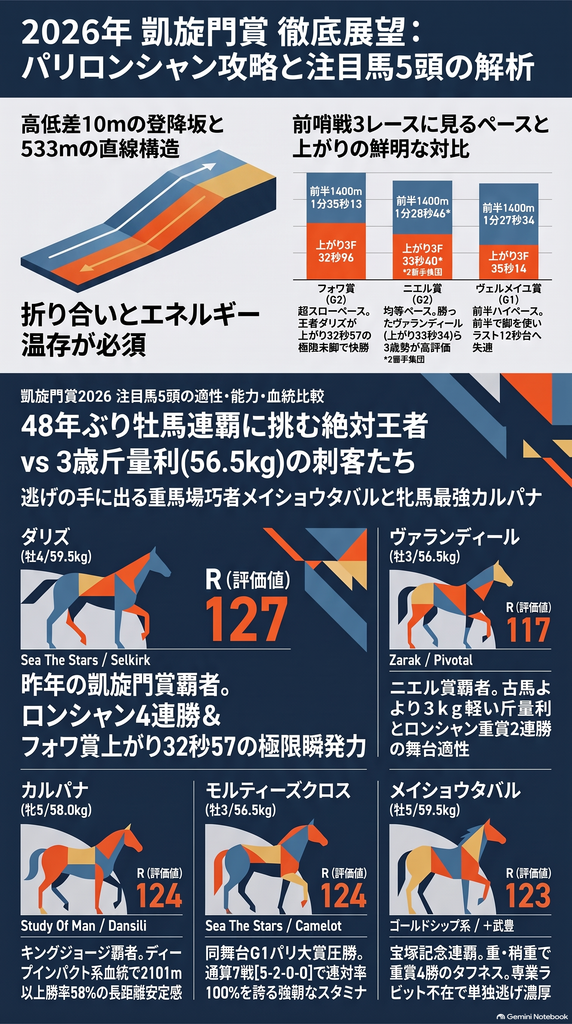 2026年凱旋門賞 レース展望インフォグラフィック。パリロンシャンコースの高低差10mと直線533mのコースマップ、フォワ賞・ニエル賞・ヴェルメイユ賞の前後半ラップ比較、および注目馬5頭(ダリズ、ヴァランディール、カルパナ、モルティーズクロス、メイショウタバル)の能力値・斤量・血統適性を1枚にまとめた図解