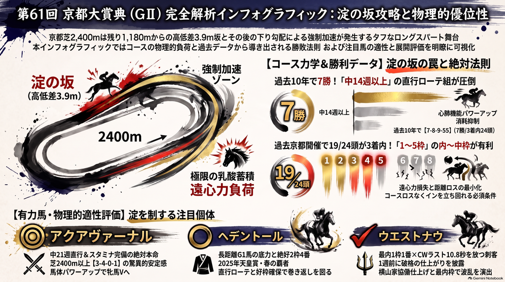 セクション1：コース断面図と物理力学シミュレーション
京都芝2,400m（外回り）の構造分析

向正面半ばまで平坦が続き 残り1,180m地点から高低差3.9mの上り坂へ突入
 3コーナー頂上からの急激な下り坂で強制的に加速Gが発生し 4角での遠心力ロスを抑えた内差し・先行馬が優位に立つ物理構造
セクション2：客観的激走データ傾向
間隔データ：前走中14週以上の直行組が過去10年で7勝・3着内率30.4%と他を圧倒

枠順データ：京都開催時は1枠〜5枠（内〜中枠）に入った馬が24頭中19頭を占める

位置取り：前走4コーナー6番手以内の馬が3着内馬30頭中17頭を占める
セクション3：有力馬のパフォーマンス＆力学比較
アクアヴァーナル：芝2,400m以上【3-4-0-1】 レーティング111E 中21週直行×3枠6番

ヘデントール：2025年天皇賞（春）覇者 レーティング114E 中21週直行×2枠4番

ダノンシーマ：通算11戦全複勝圏 レーティング112 比叡S覇者

ウエストナウ：距離延長で覚醒 1枠1番×CWラスト10.8秒の破格時計