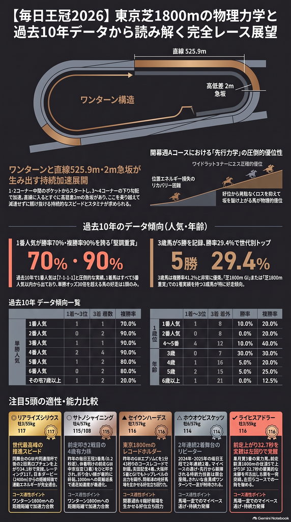 毎日王冠2026のレース展望インフォグラフィック。東京芝1800mのコース物理特徴（直線525.9m・高低差2mの急坂・ワンターン構造）、過去10年のデータ傾向（1番人気勝率70%・3歳馬勝率29.4%・前走GI組好走）、および注目5頭（◎リアライズシリウス ◯サトノシャイニング ▲セイウンハーデス △ホウオウビスケッツ ✔ライヒスアドラー）の能力・血統・適性比較のまとめ画像