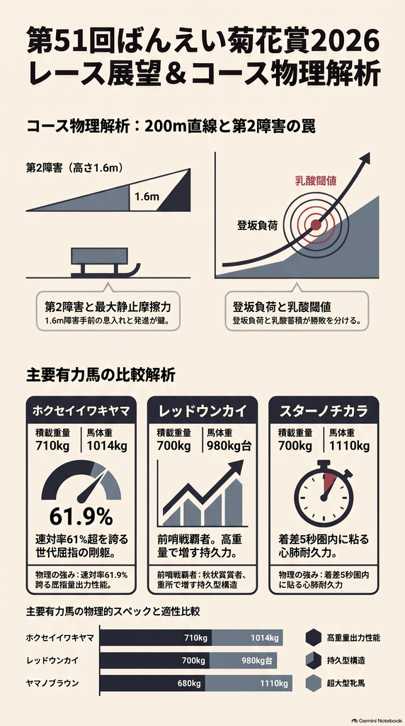 第51回ばんえい菊花賞2026のレース展望およびコース物理解析インフォグラフィック 全長200m直線ダートと高さ1.6mの第2障害の構造断面図 完全停止状態から700kgソリを曳き出す最大静止摩擦力 登坂時の位置エネルギー負荷と乳酸蓄積限界閾値の解説 注目主要5頭(ホクセイイワキヤマ レッドウンカイ ヤマノブラウン カツブライト スターノチカラ)の斤量 馬体重 過去3走の着差安定度および物理的適性比較チャート