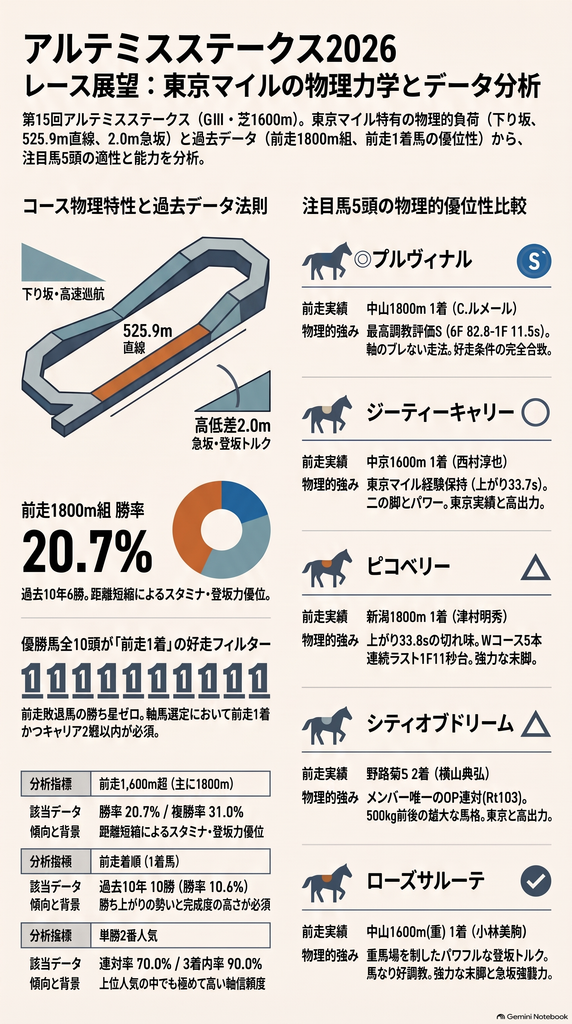 第15回アルテミスステークス(GⅢ・東京芝1,600m)のレース展望インフォグラフィック 全長525.9mの直線と高低差2.0mの急坂がもたらす乳酸蓄積の物理力学グラフ 過去10年データにおける前走1,800m組の勝率20.7%の突出性 中央に配置された注目馬5頭(◎プルヴィナル ◯ジーティーキャリー △ピコベリー △シティオブドリーム ✔︎ローズサルーテ)の能力・調教・適性の比較マトリクス図