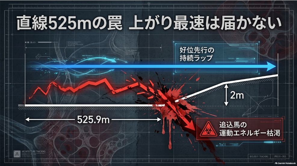東京芝1800mコース物理特性解説図 525.9mの直線と2mの急坂が与える展開影響