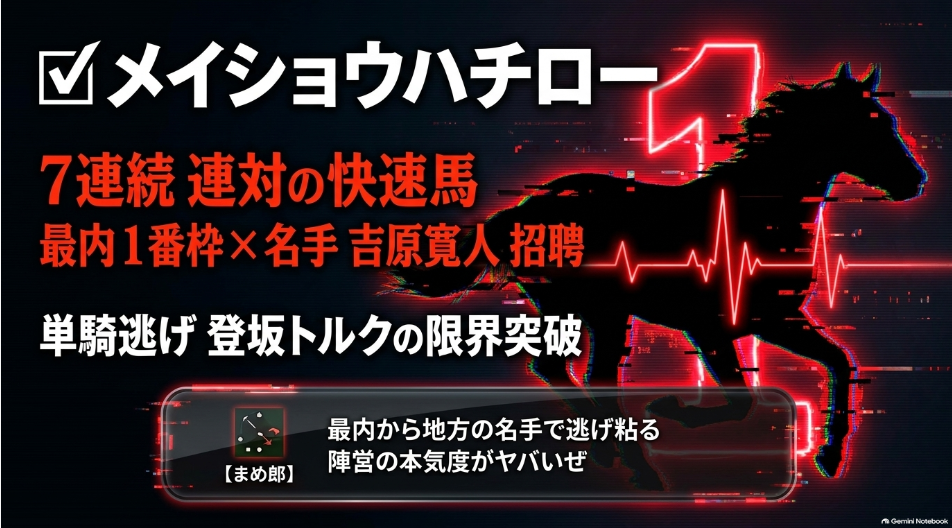 南部杯2026穴馬 ✔︎漆黒のシルエット 3歳夏から6戦連続連対中の快速馬 最内1番枠と地方競馬屈指の名手招聘による激走逃走力学