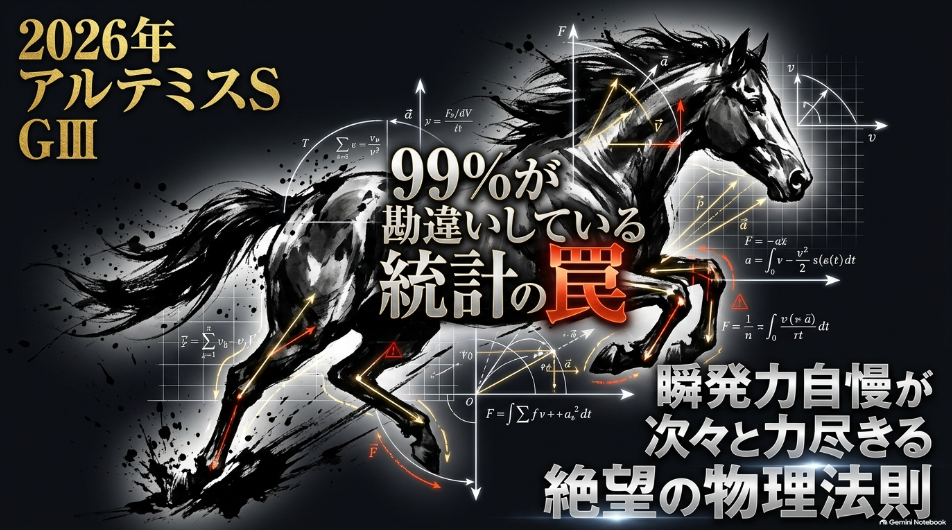 アルテミスステークス2026 99%が勘違いしている統計の罠と東京芝1,600m物理的根拠を表す黒グラデーション背景のタイトルスライド