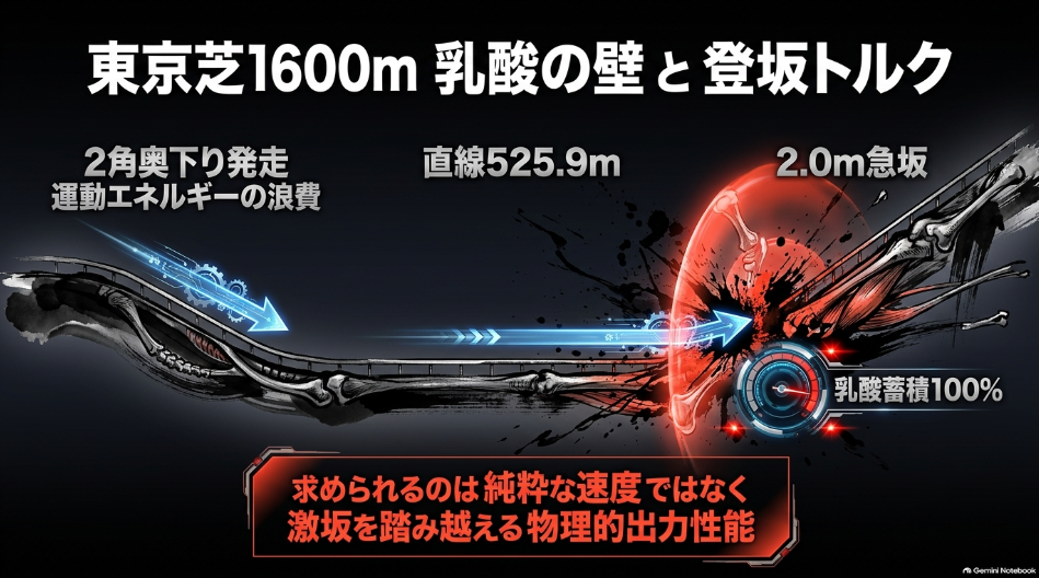 東京芝1,600mのコース図と高低差2.0mの急坂断面図 直線525.9mで繰り広げられる乳酸蓄積と登坂トルクの物理的負荷を解説する図版