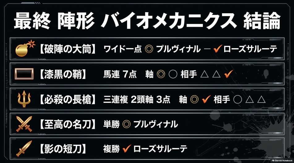 第15回アルテミスステークスの買い目構成図 破陣の大筒ワイド1点 漆黒の鞘馬連7点 必殺の長槍三連複3点 至高の名刀単勝 影の短刀複勝の配置図