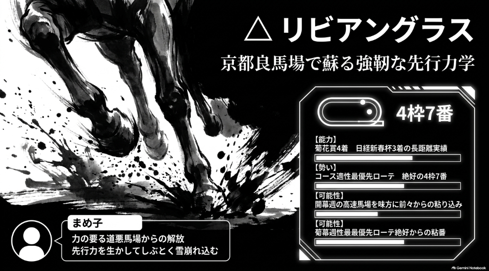 △ リビアングラス（4枠7番）

菊花賞4着・日経新春杯3着を残した淀の長距離実績 馬場好転の良馬場と4枠7番から積極先行
