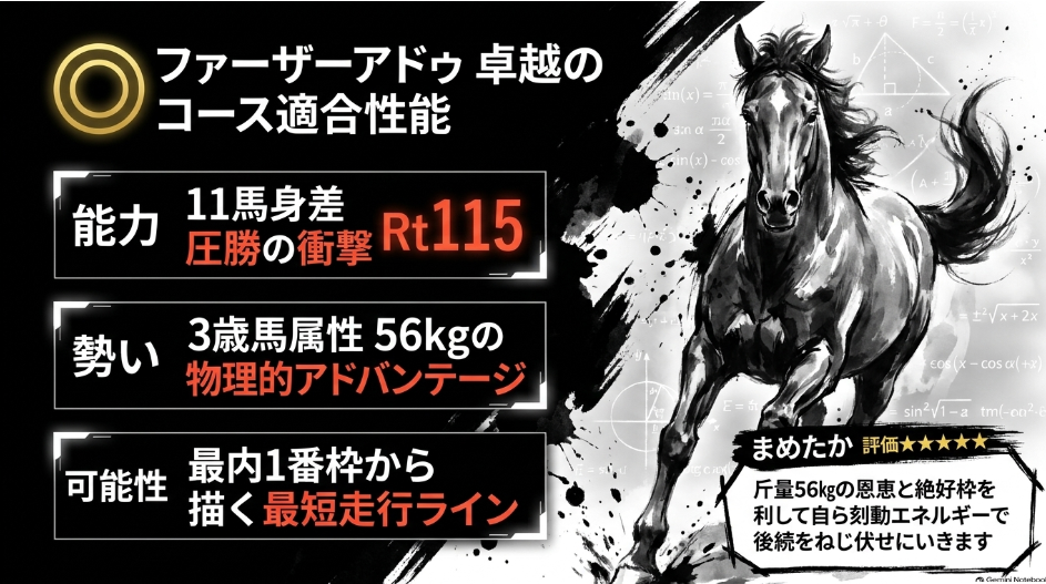 BCダートマイル2026予想スライド6 本命◎1 ファーザーアドゥ(キーンランド11馬身差圧勝の3歳王者・斤量56kgの物理的アドバンテージ)