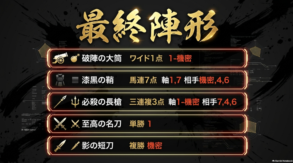 BCダートマイル2026予想スライド10 新・帝国買い目プロトコル(ワイド一点1-3・馬連7点・三連複3点破陣の陣形)
