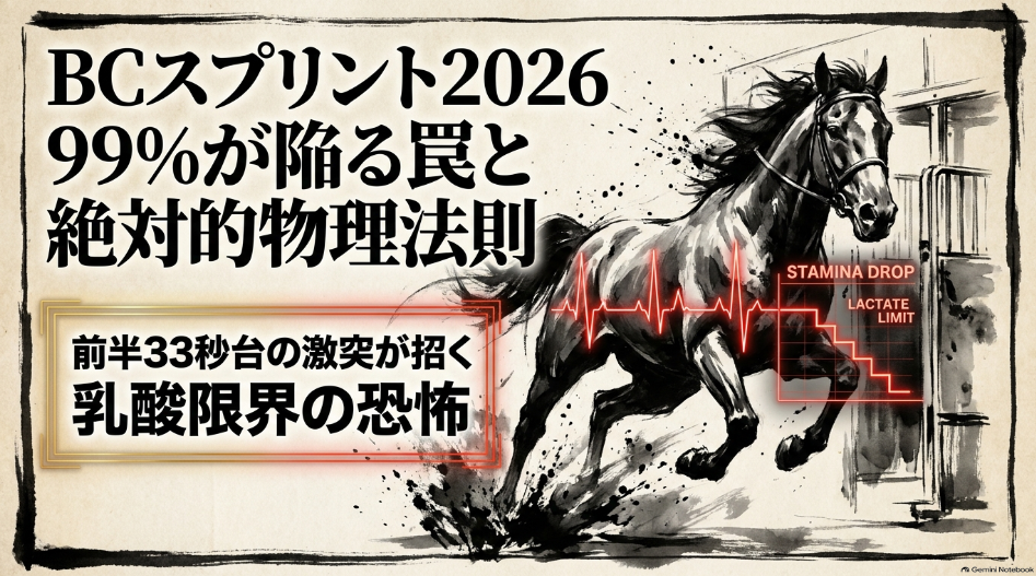 BCスプリント2026予想 スライド解説。キーンランドダート1200mに潜むハイペースの罠とコース力学。前半33秒台の激突で単なる逃げ馬が全滅する物理的理由と注目馬5頭の適性分析